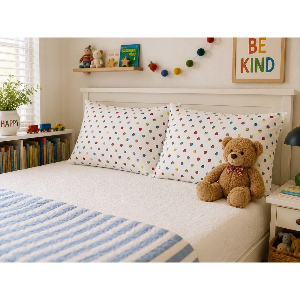 Vtg Polka Dot Pillowcase Set Unisex 32x20 White Multi‎ Colorful